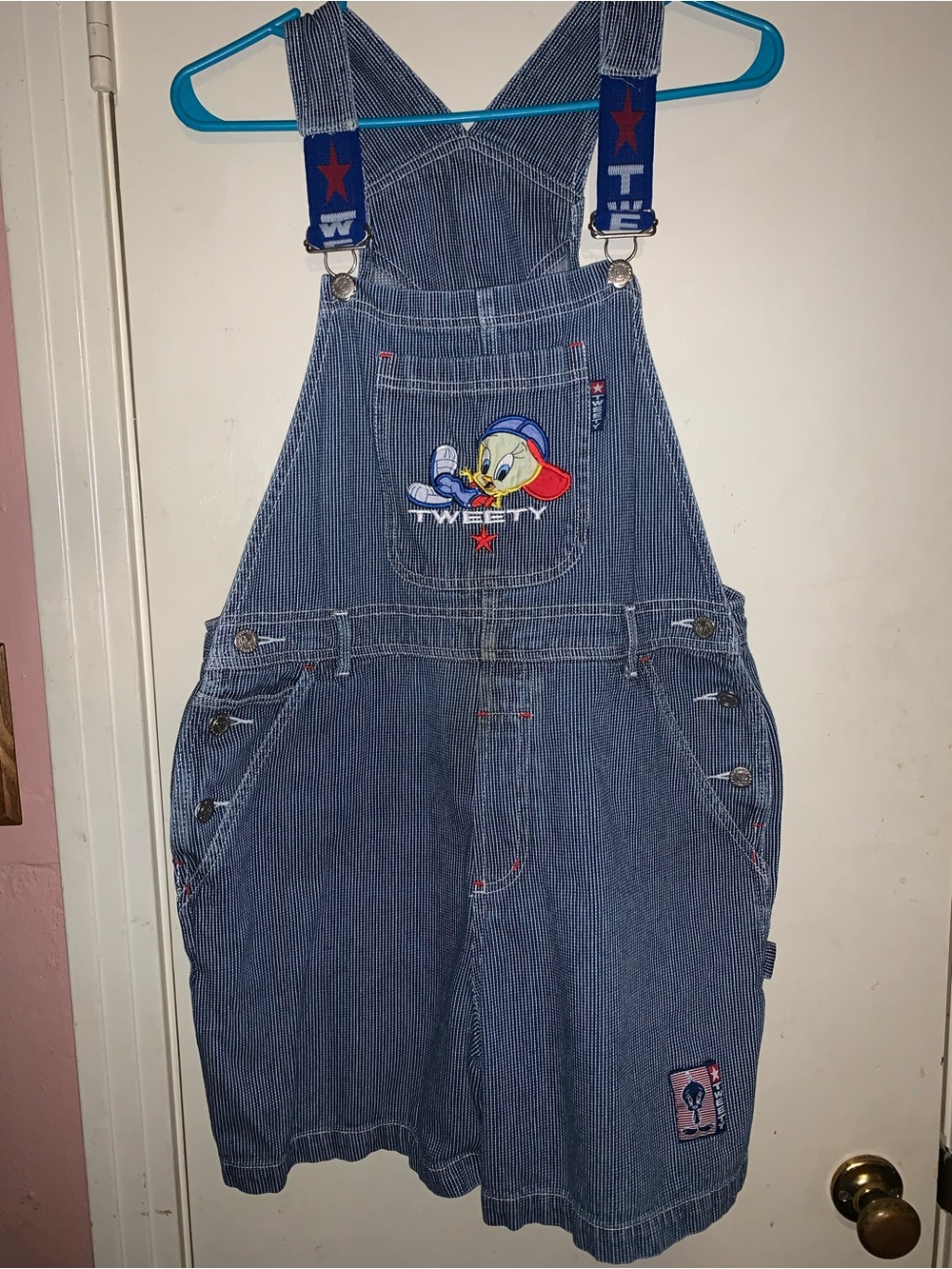 Vintage 90s Looney Tunes Tweety Bird Hickory Stripe Shortalls Medium